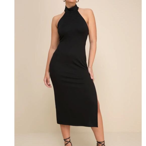 Lulus NWOT Simply Enchanted Black Butter Soft Halter Bodycon Midi Dress Large - Picture 1 of 10